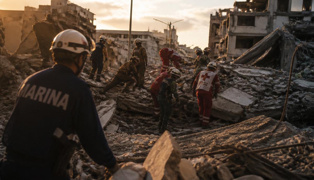 Rescue workers search through rubble for survivors in a devastated Venezuelan city