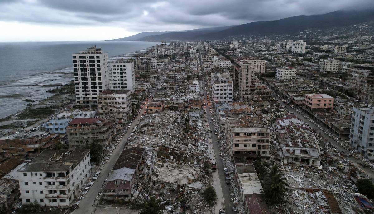 Aerial view of collapsed buildings and destroyed streets in a Venezuelan coastal city after the June 2026 earthquakes