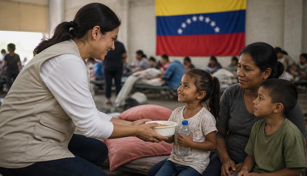 A relief volunteer provides food and water to a displaced child and family at an emergency shelter